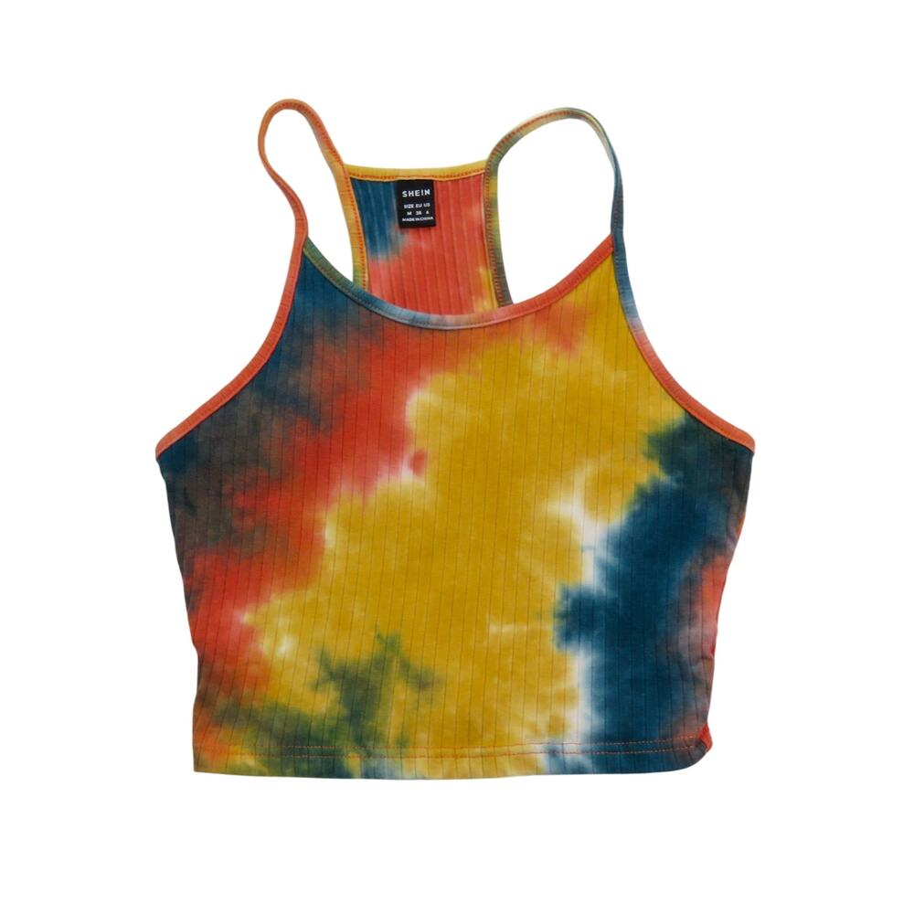 Shein Red Yellow Blue Tie Dye Ribbed Halter Top Cami Tank Top Crop Top Medium